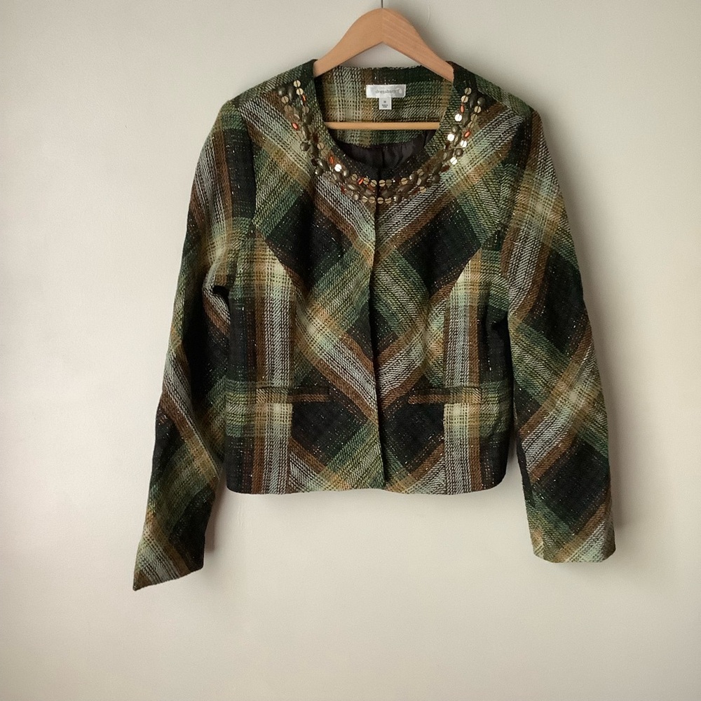Dressbarn Womens Argyle Embellished Long Sleeve Open Dressy Blazer Jacket Medium